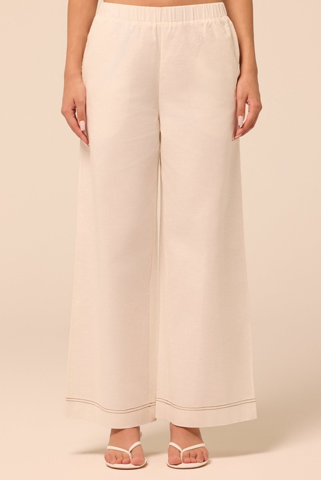 Beige Wide Leg Pants with Contrast Stitching - shopaleena