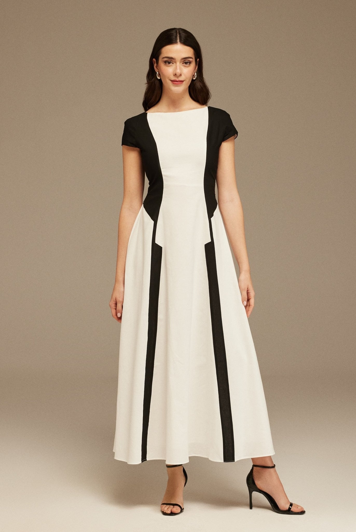 Black and White Cap Sleeve Aline Linen Cotton Midi Dress - shopaleena