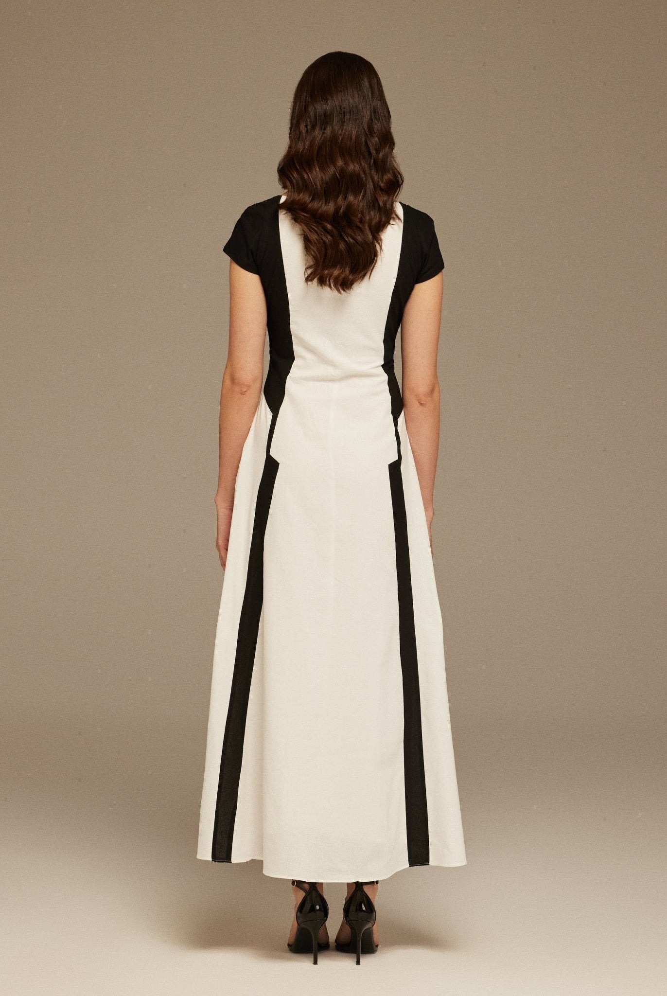 Black and White Cap Sleeve Aline Linen Cotton Midi Dress - shopaleena