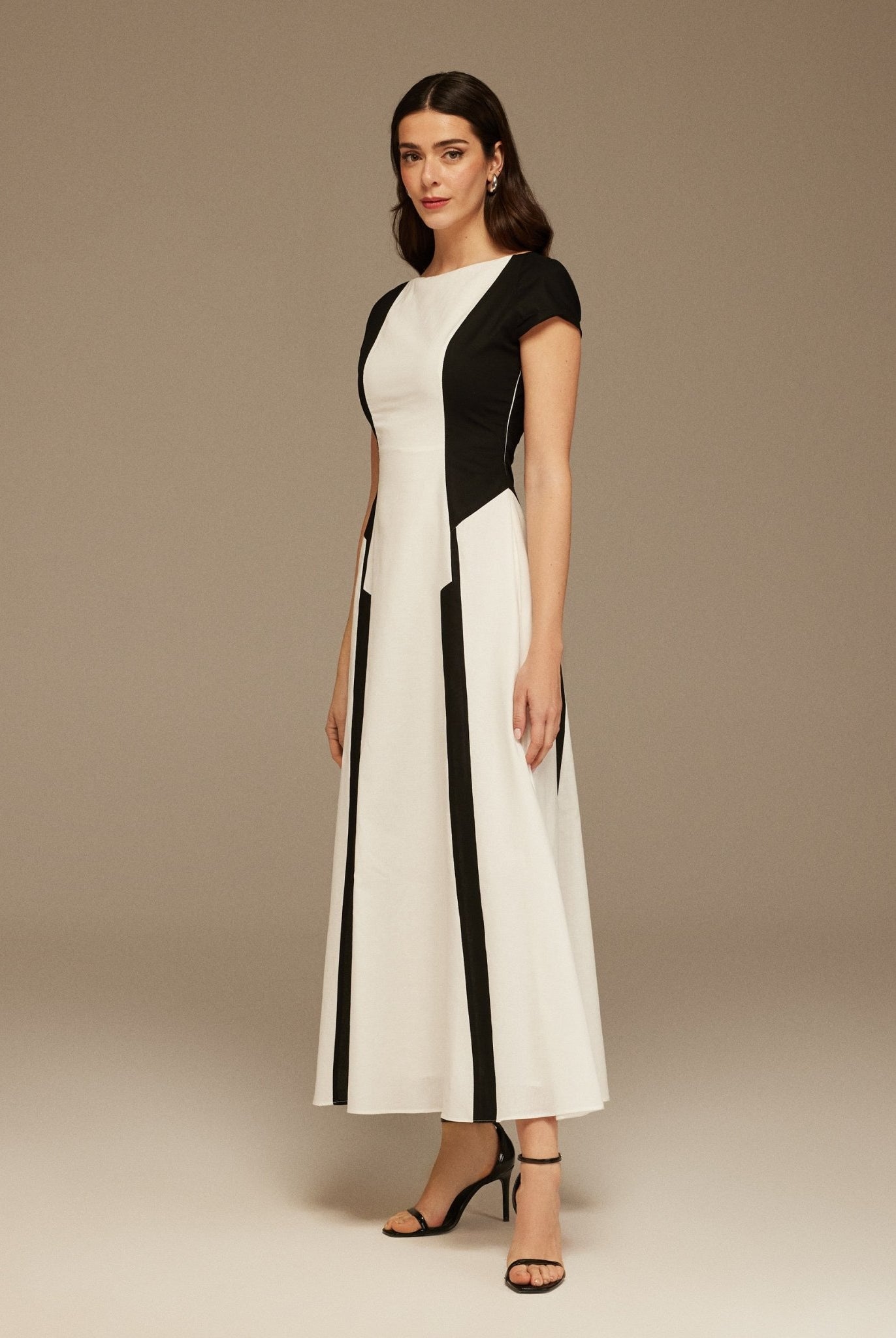 Black and White Cap Sleeve Aline Linen Cotton Midi Dress - shopaleena