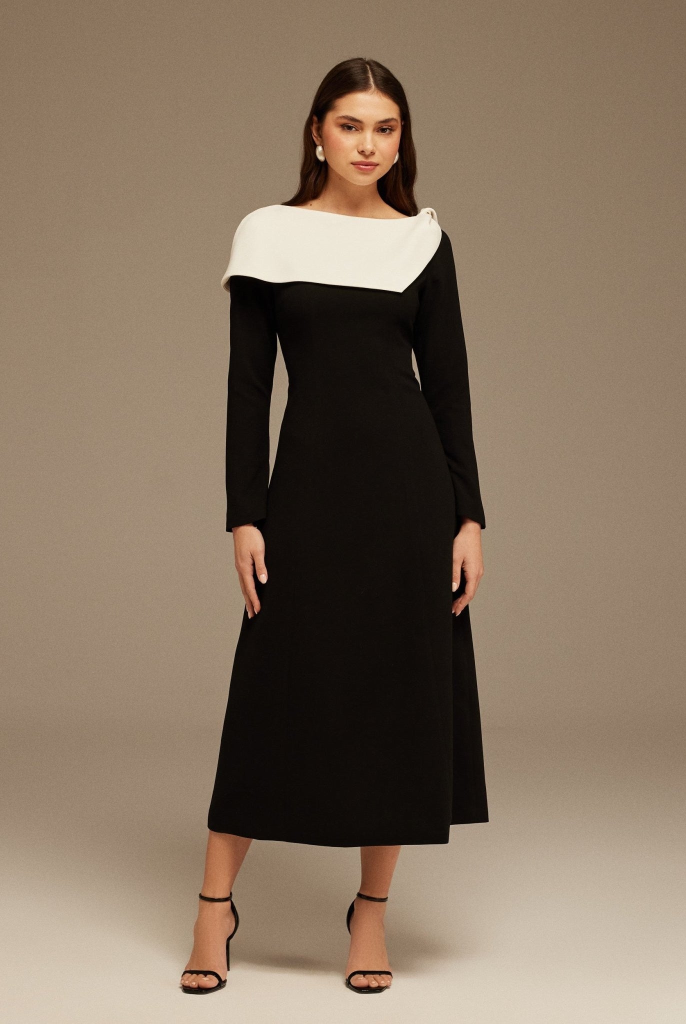 Black and White Folded Neck Long Sleeve Crepe Dress - shopaleena
