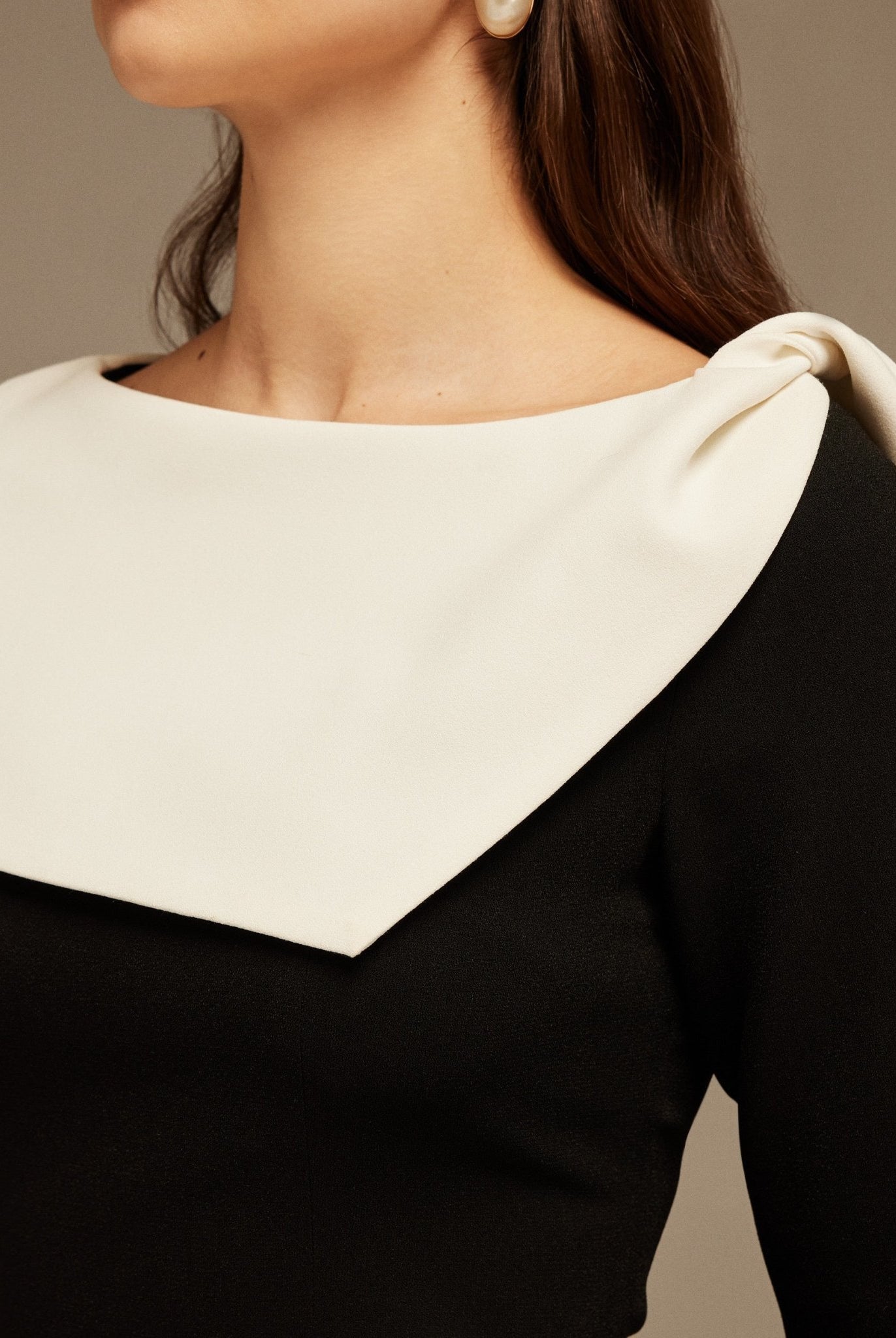 Black and White Folded Neck Long Sleeve Crepe Dress - shopaleena