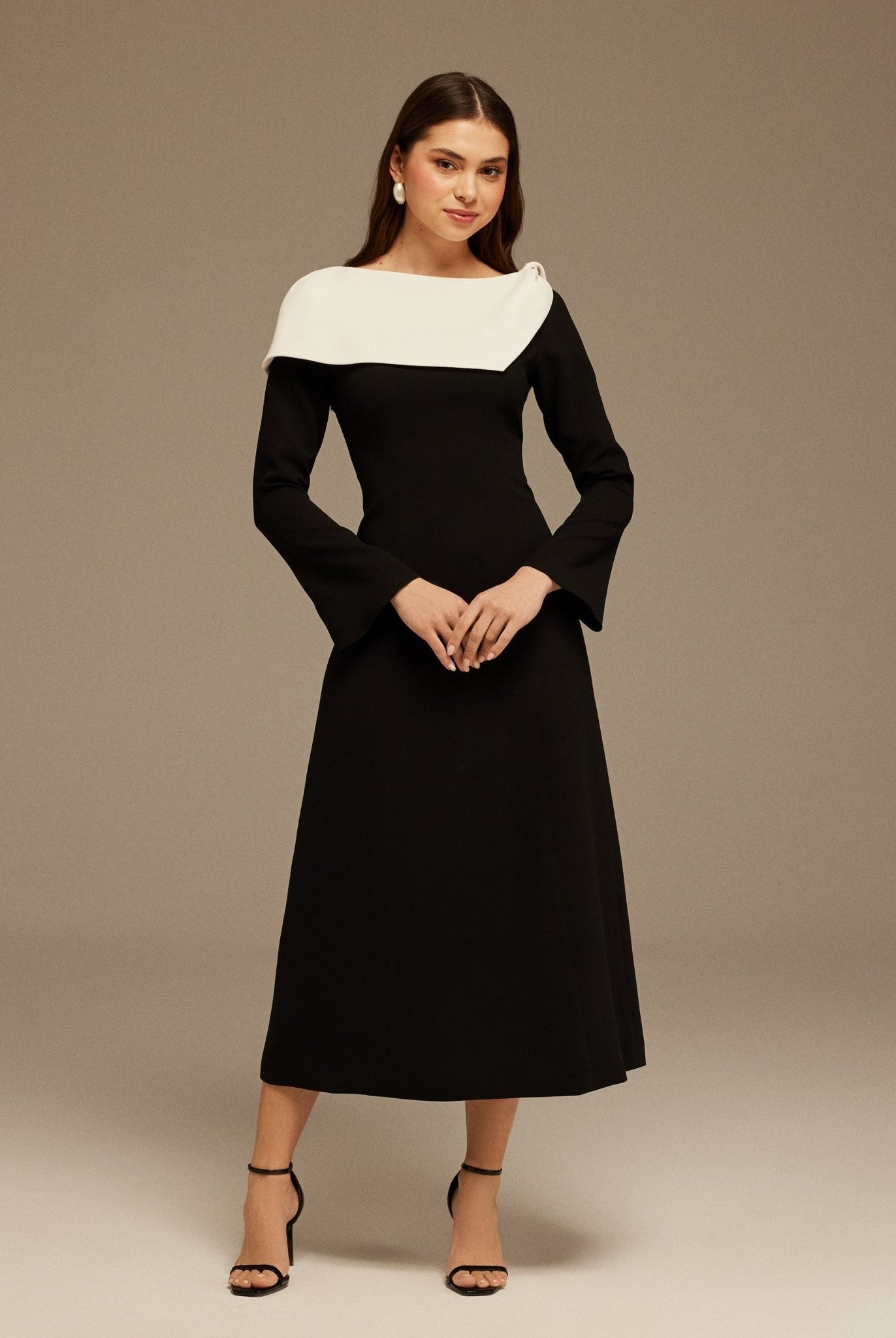Black and White Folded Neck Long Sleeve Crepe Dress - shopaleena