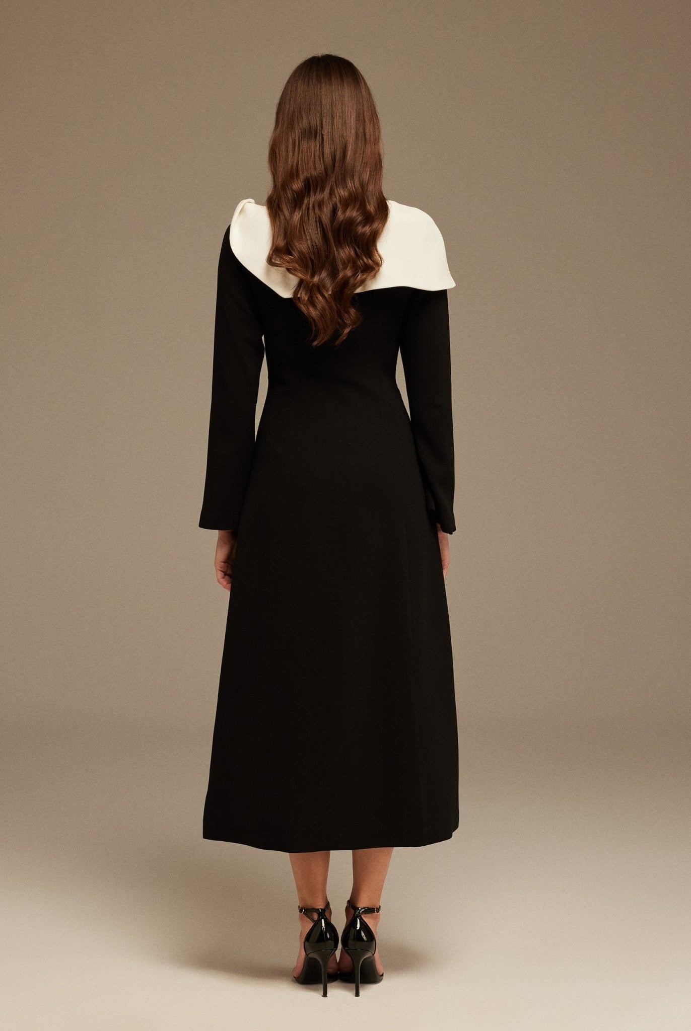 Black and White Folded Neck Long Sleeve Crepe Dress - shopaleena