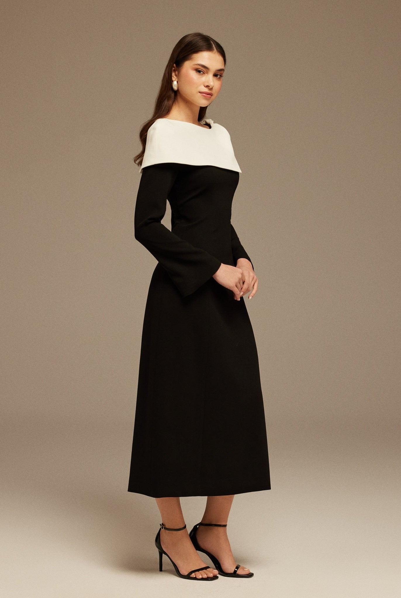 Black and White Folded Neck Long Sleeve Crepe Dress - shopaleena