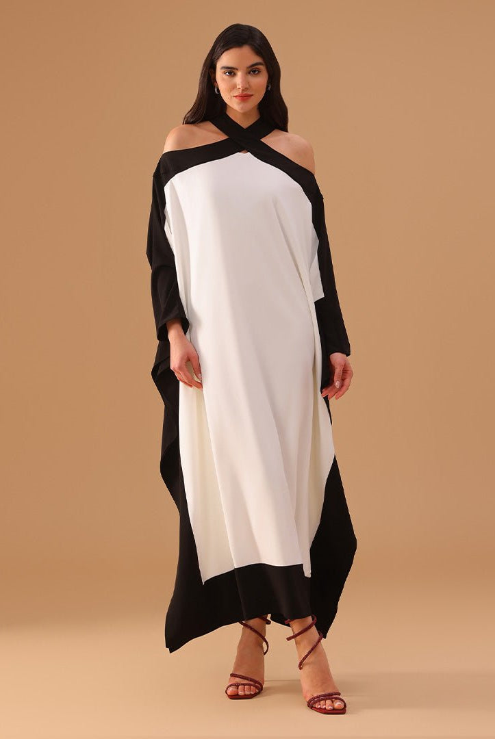Black and White Halter Neck Bare Shoulders Crepe Kaftan - shopaleena