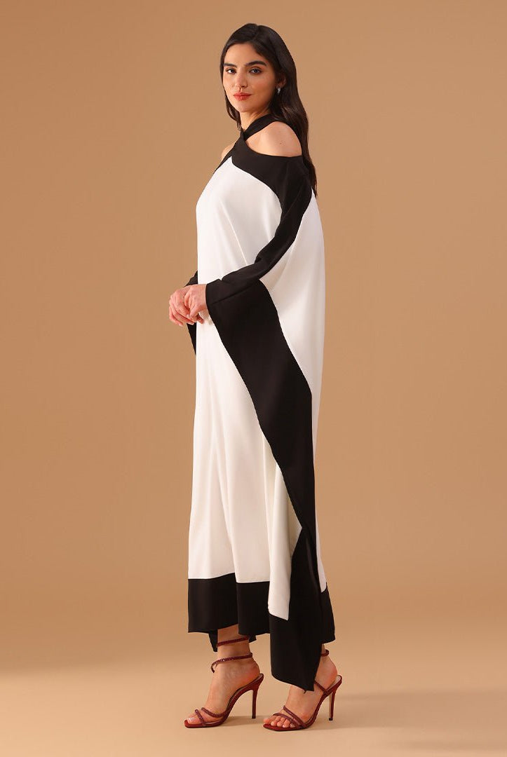 Black and White Halter Neck Bare Shoulders Crepe Kaftan - shopaleena