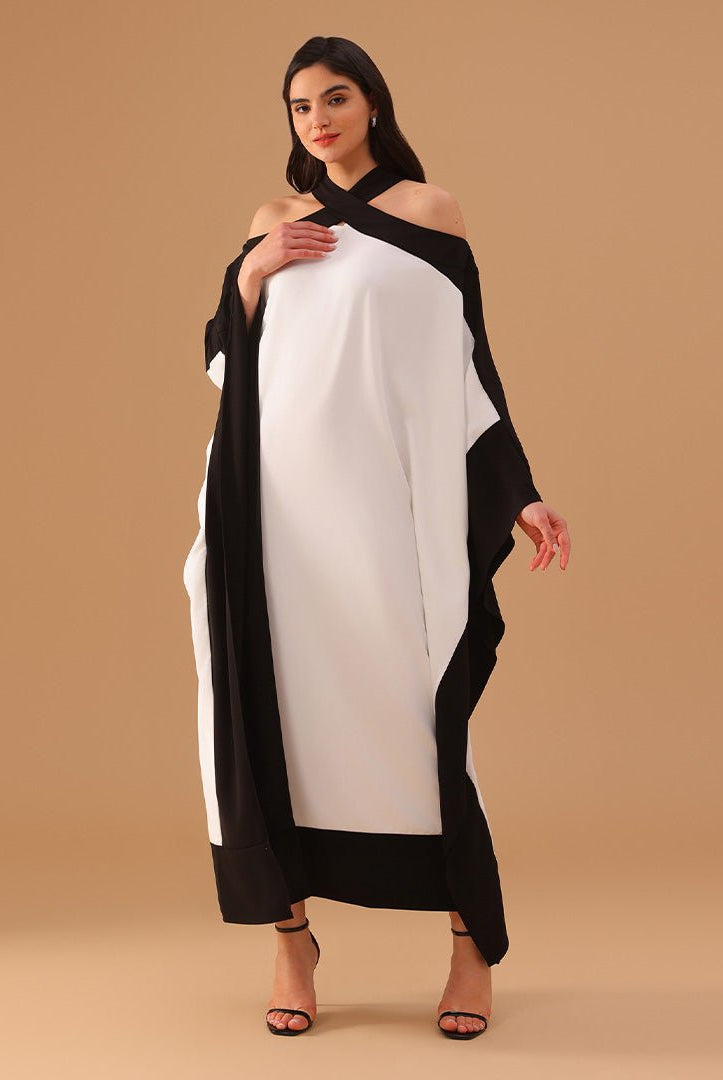 Black and White Halter Neck Bare Shoulders Crepe Kaftan - shopaleena