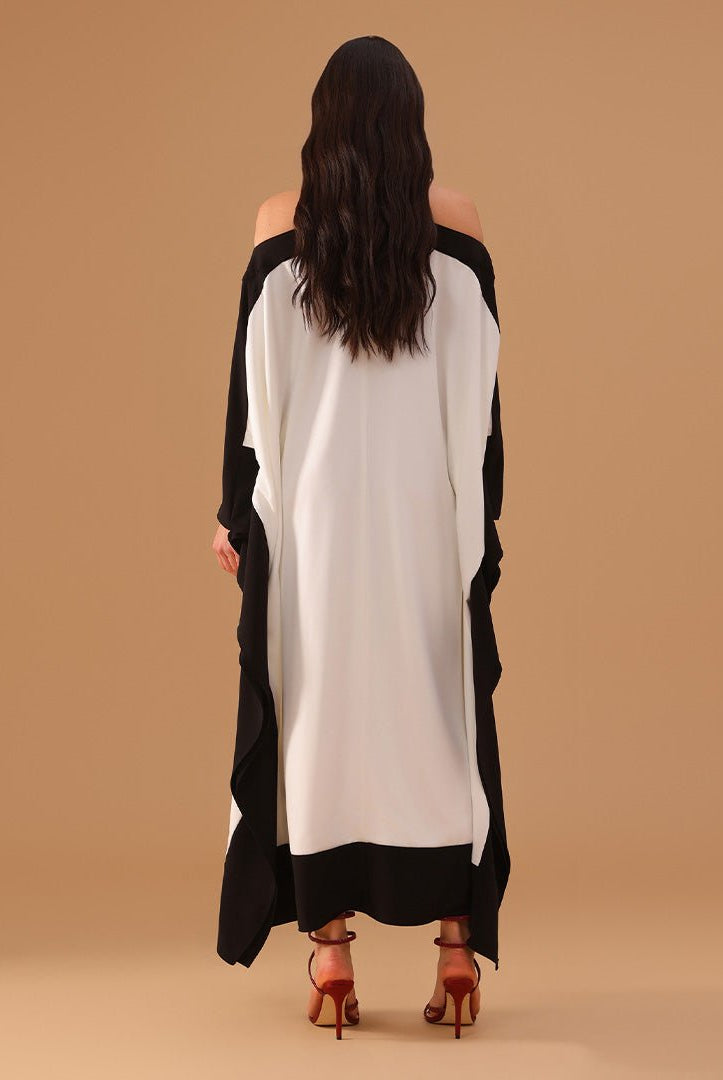 Black and White Halter Neck Bare Shoulders Crepe Kaftan - shopaleena