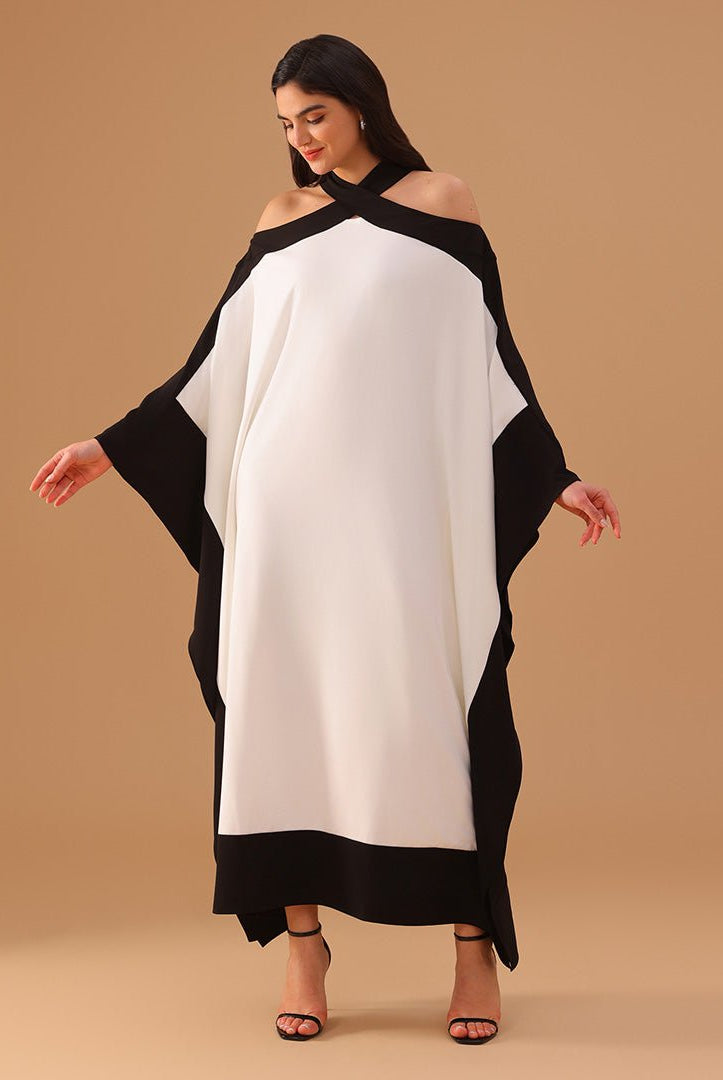 Black and White Halter Neck Bare Shoulders Crepe Kaftan - shopaleena