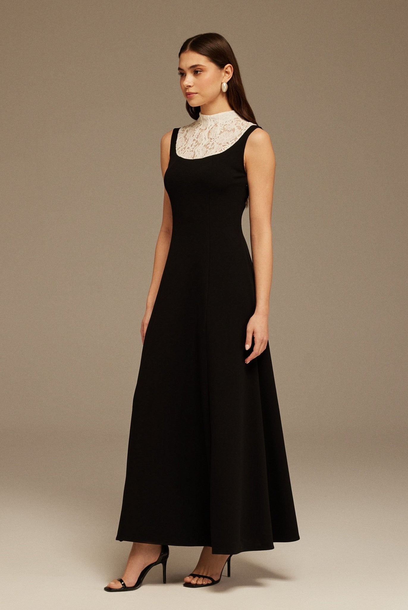 Black and White Lace Turtleneck Crepe Maxi Dress - shopaleena