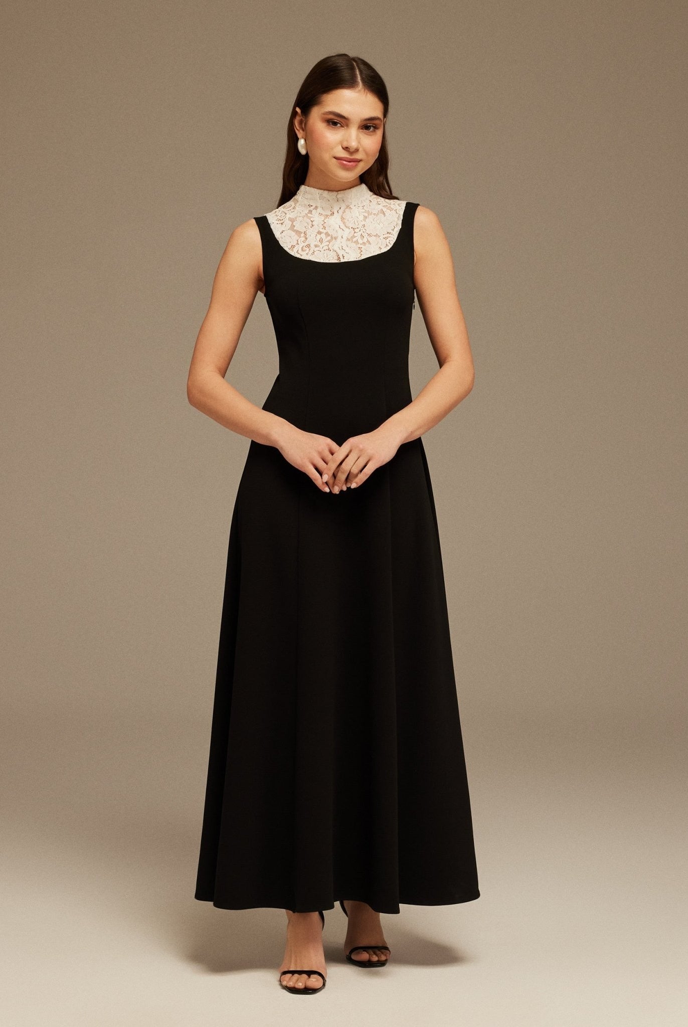 Black and White Lace Turtleneck Crepe Maxi Dress - shopaleena