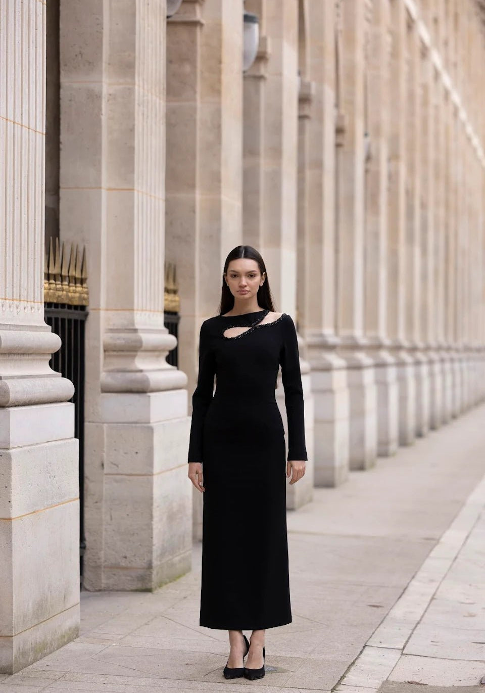 Black Asymmetric Cut - Out Crepe Dress - shopaleena