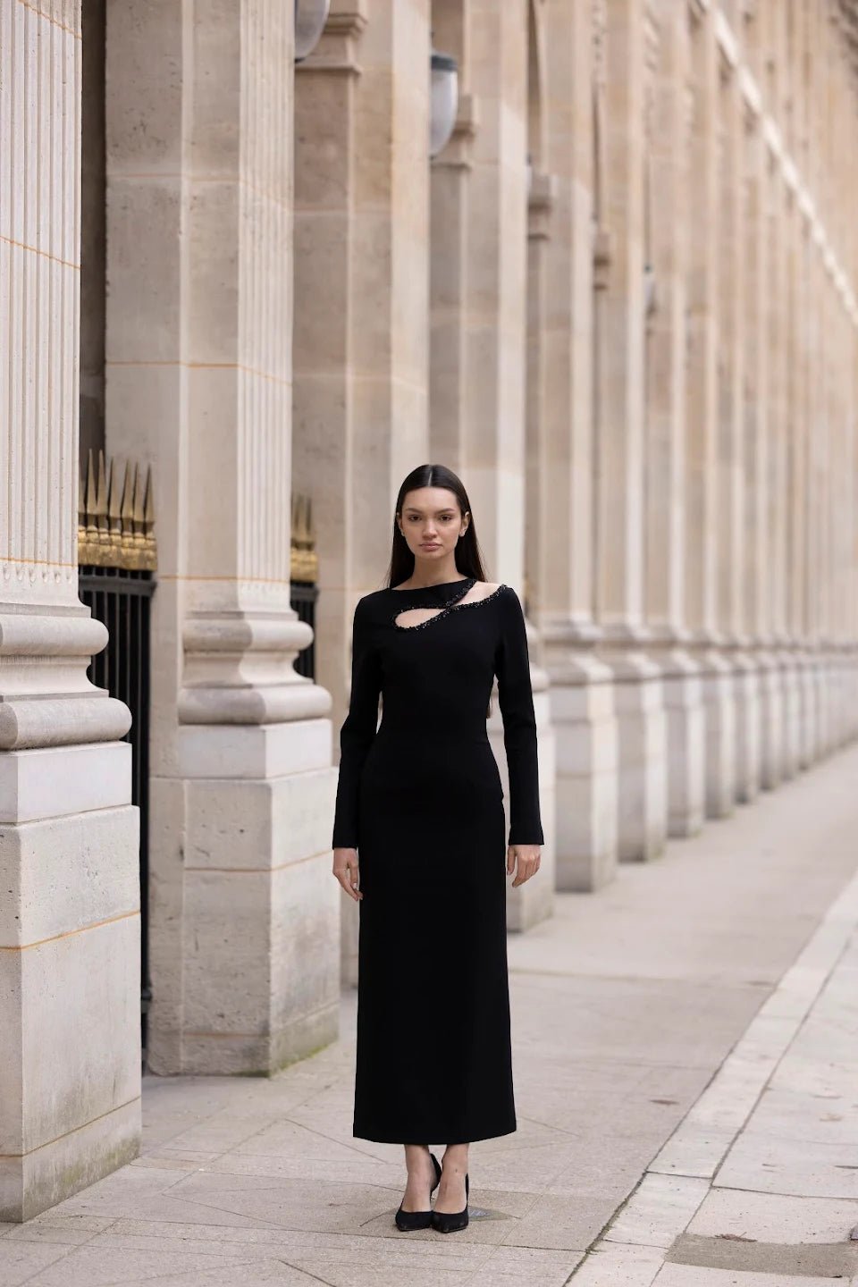 Black Asymmetric Cut - Out Crepe Dress - shopaleena