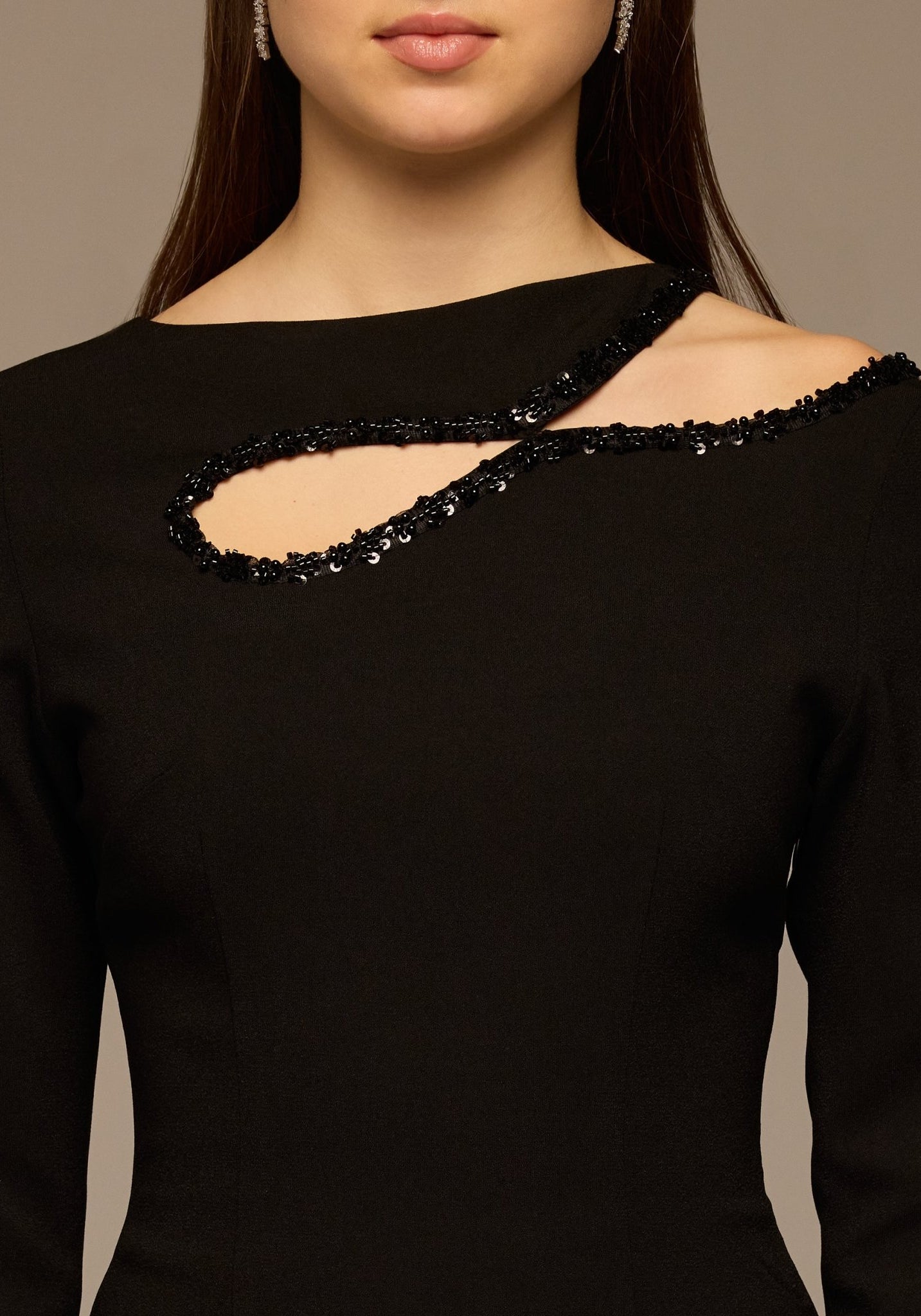 Black Asymmetric Cut - Out Crepe Dress - shopaleena