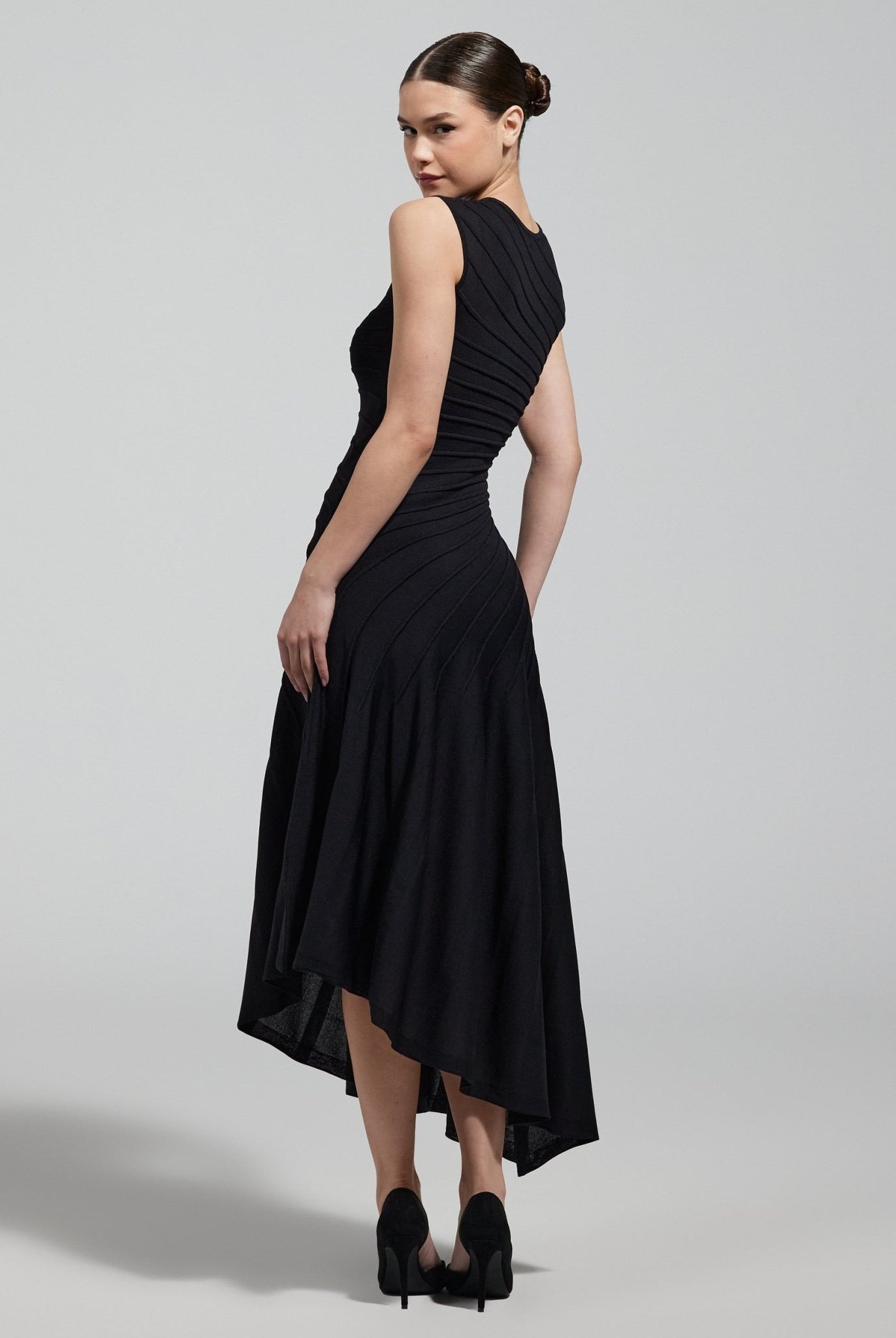 Black Asymmetric Knit Midi Dress - shopaleena