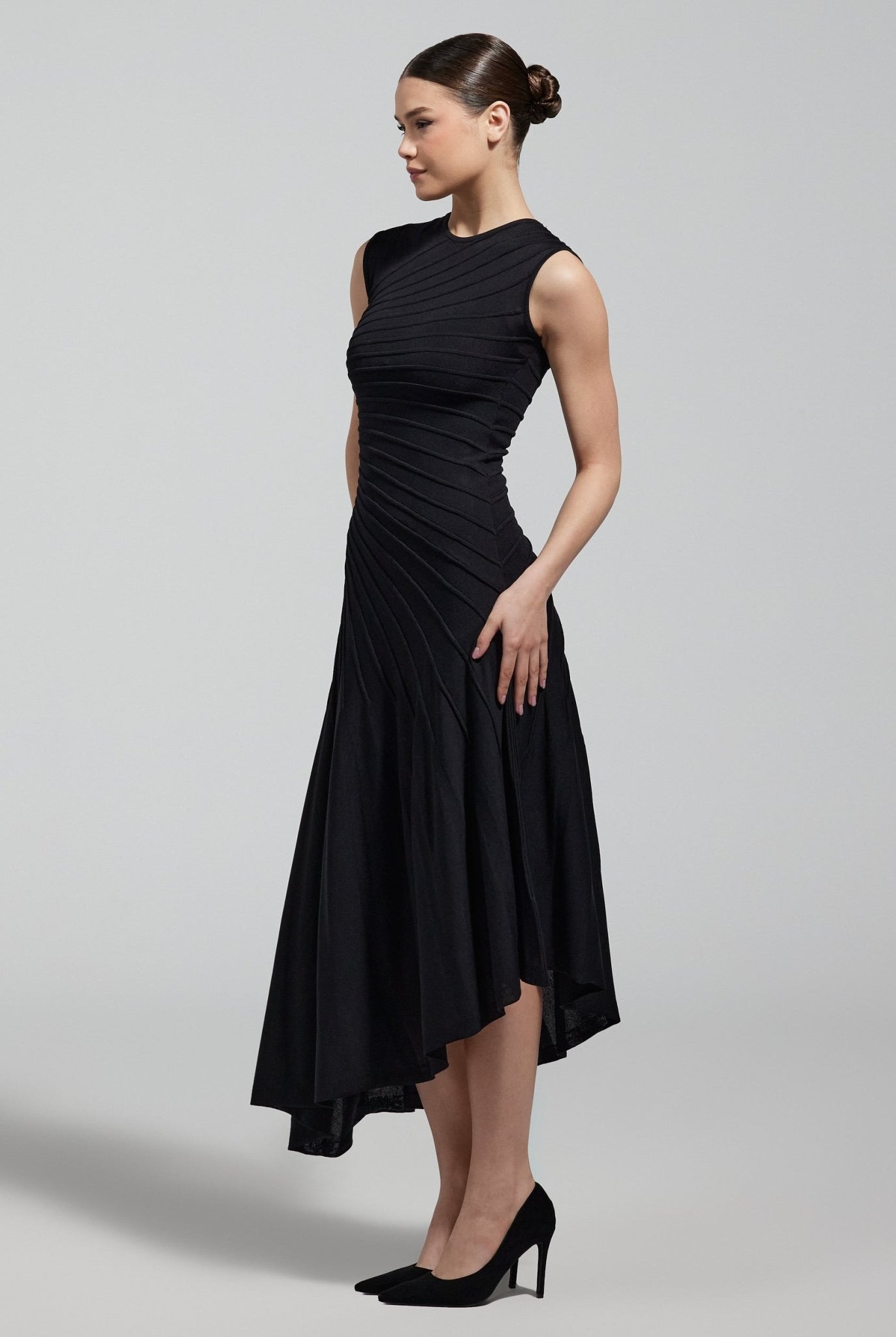 Black Asymmetric Knit Midi Dress - shopaleena