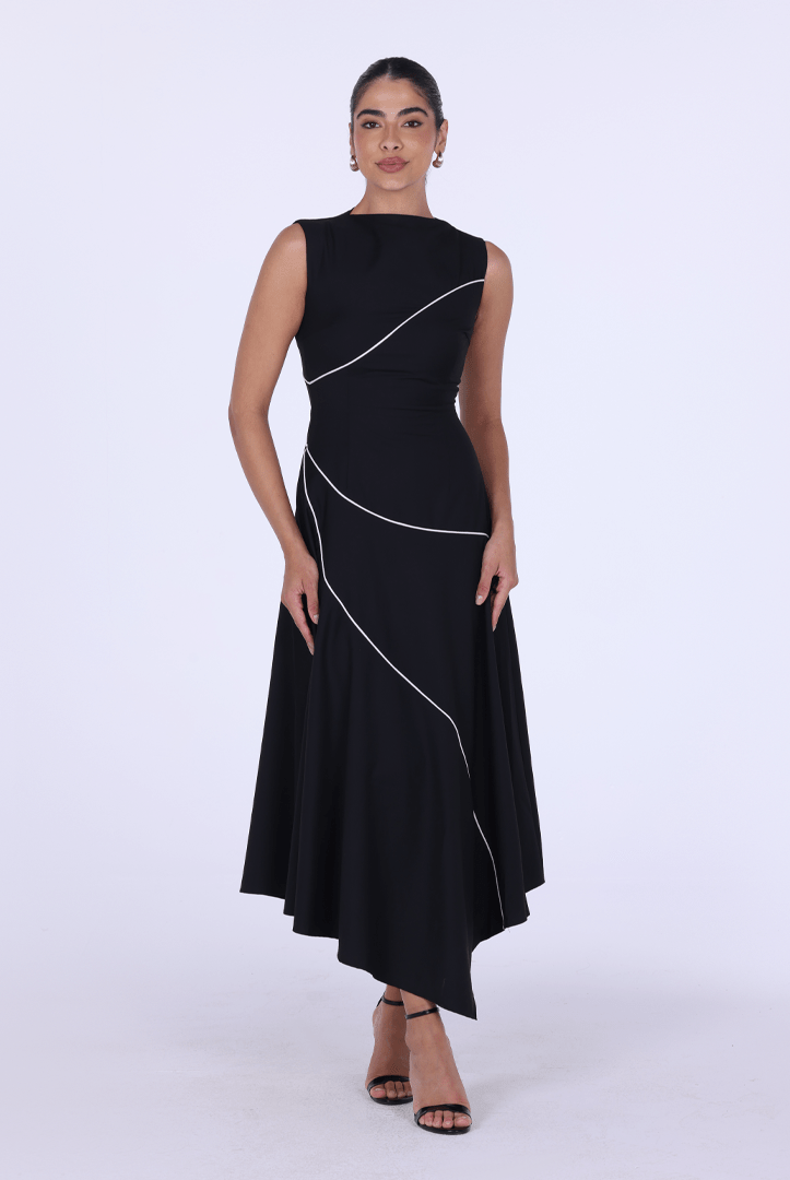 Black Asymmetric Poplin Pipe Maxi Dress - shopaleena