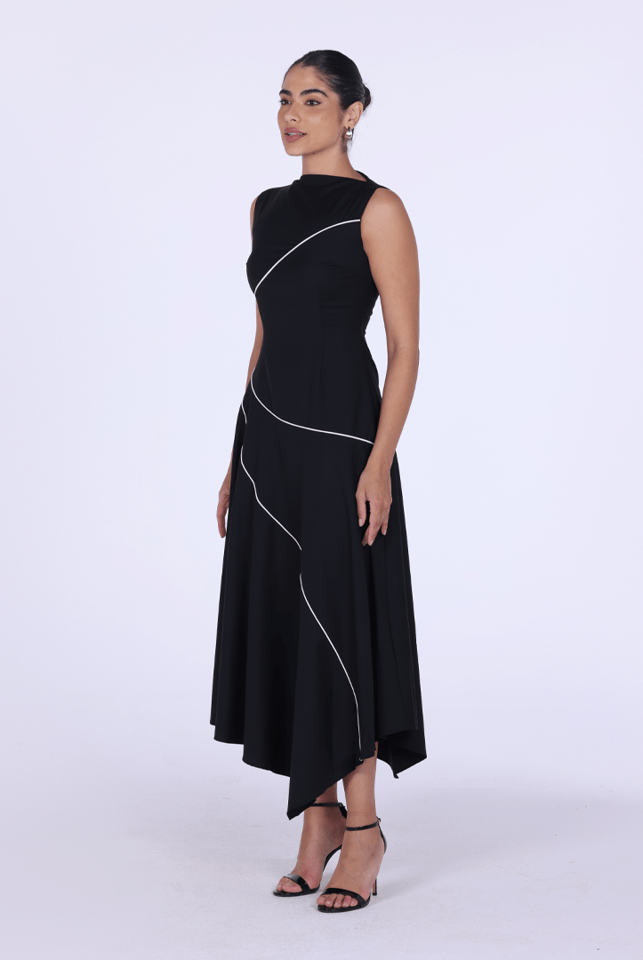 Black Asymmetric Poplin Pipe Maxi Dress - shopaleena