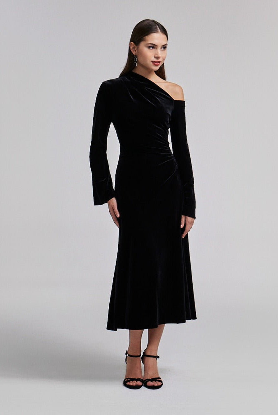 Black Bare Shoulder Velvet Midi Dress - shopaleena