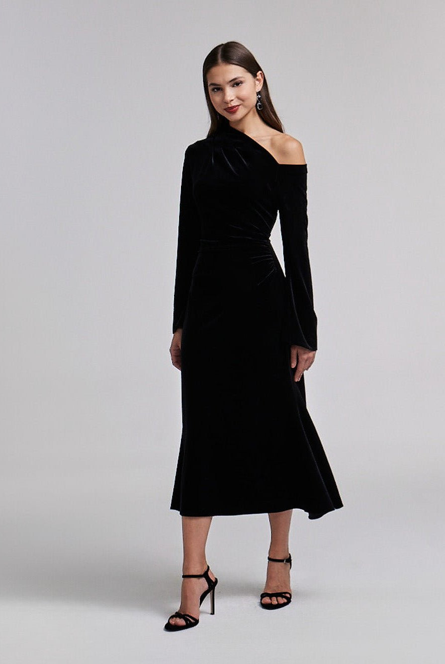 Black Bare Shoulder Velvet Midi Dress - shopaleena