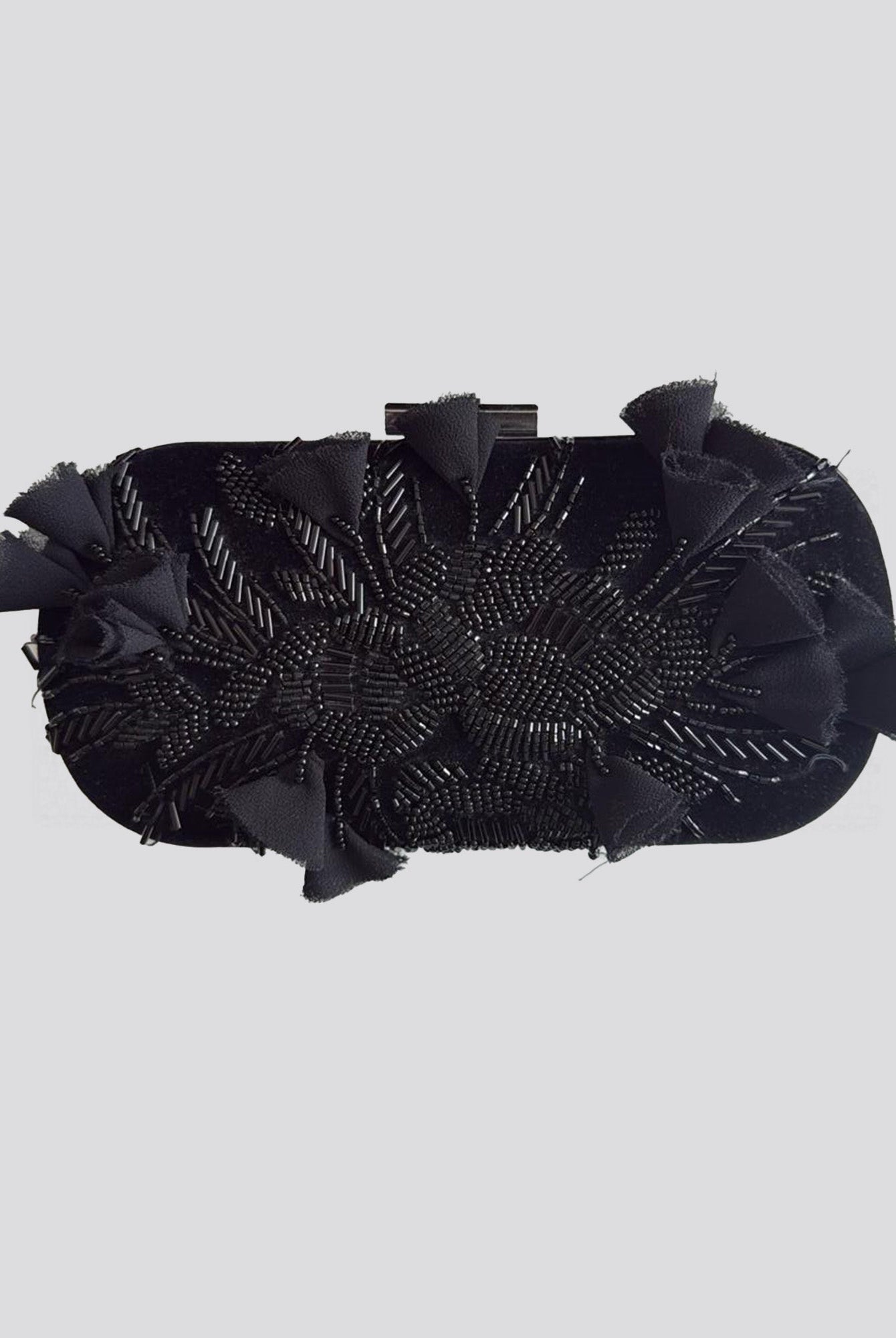 Black Beaded Flower Satin Clutch - shopaleena