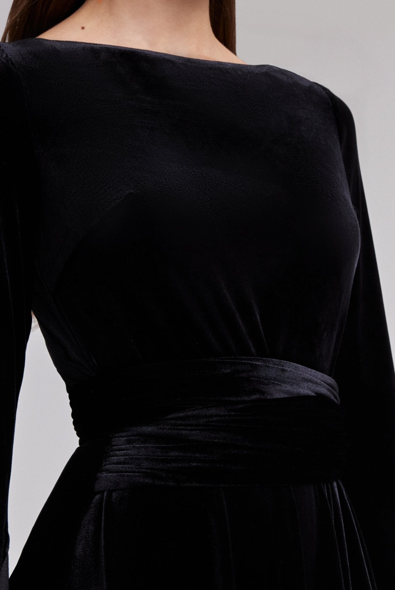 Black Cape Sleeve Twist - Waist Velvet Dress - shopaleena