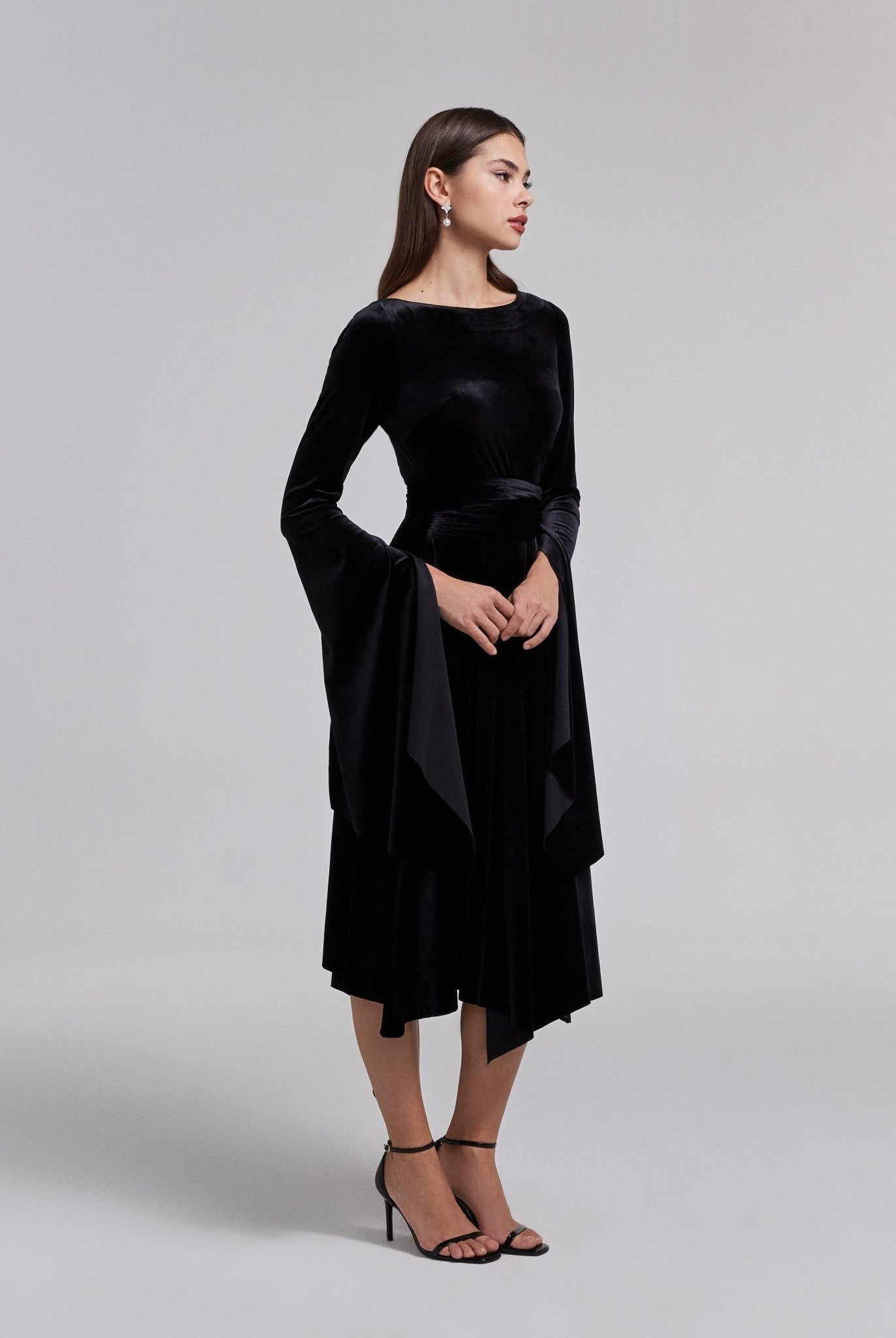Black Cape Sleeve Twist - Waist Velvet Dress - shopaleena