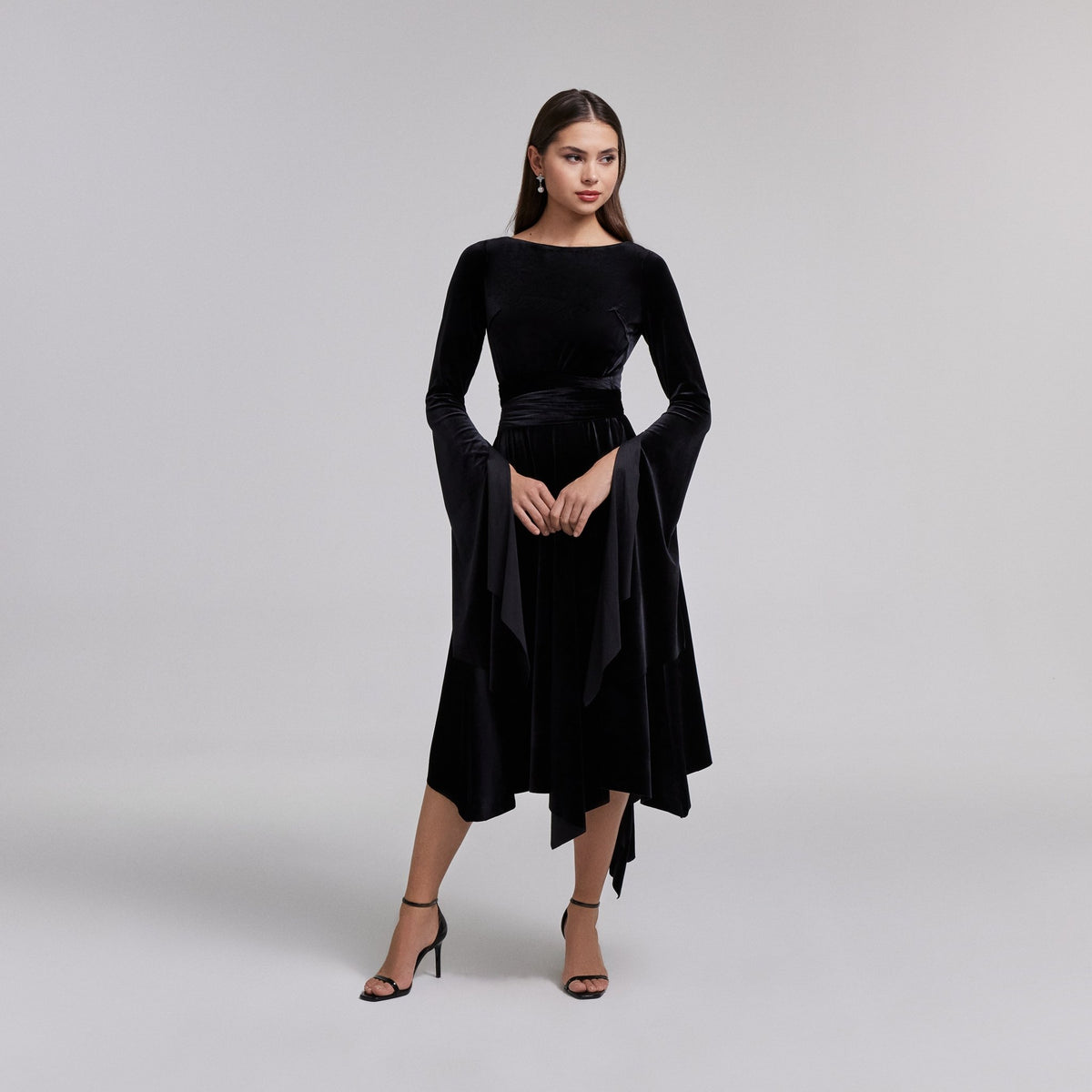 Black Cape Sleeve Twist-Waist Velvet Dress – shopaleena