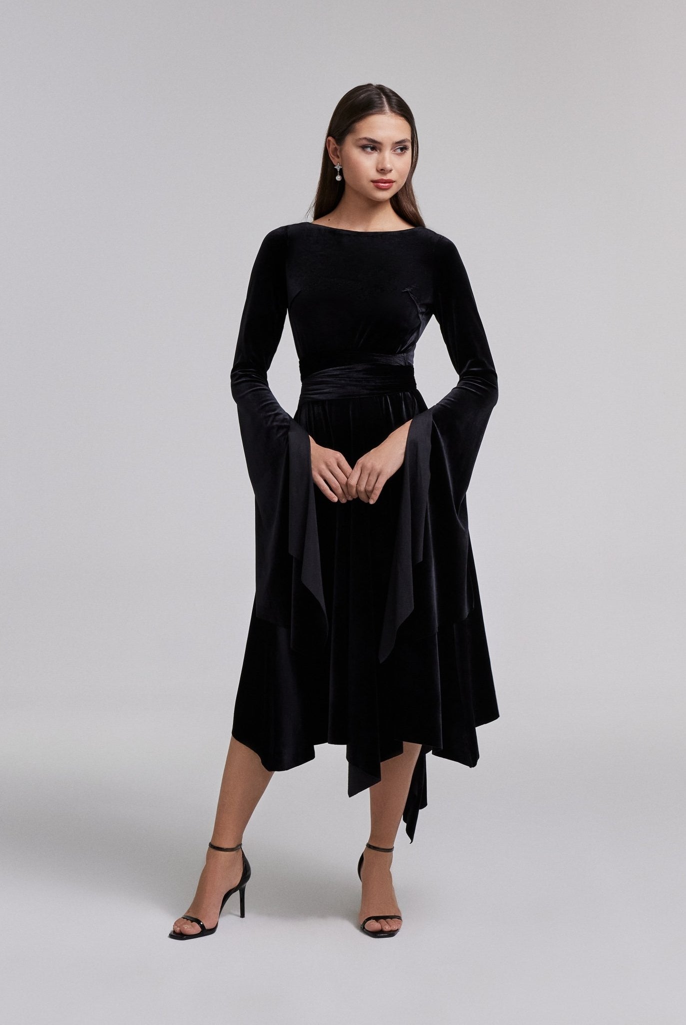 Black Cape Sleeve Twist - Waist Velvet Dress - shopaleena