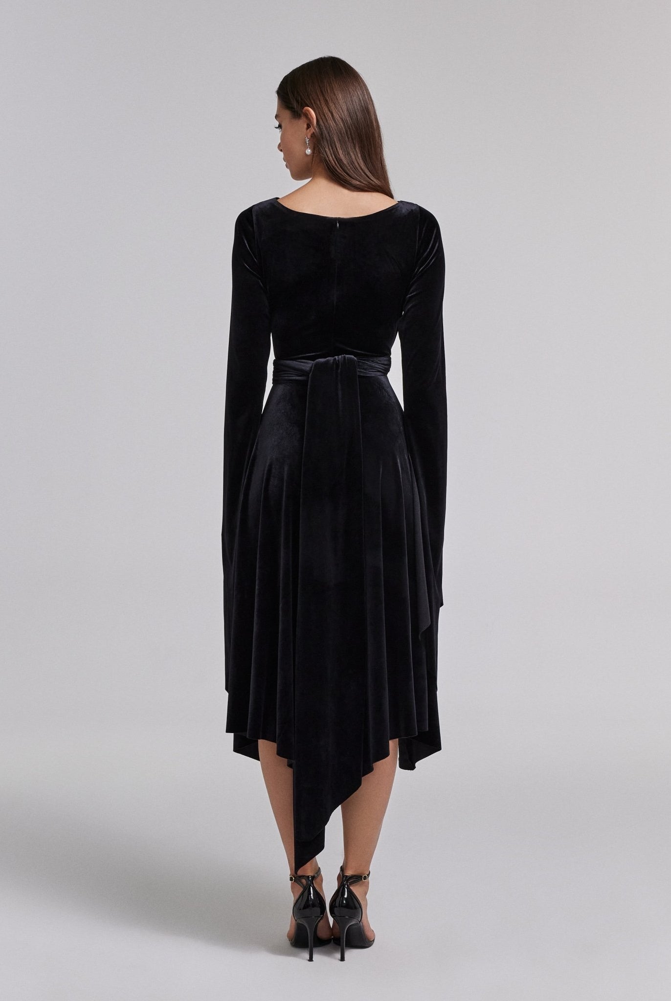 Black Cape Sleeve Twist - Waist Velvet Dress - shopaleena