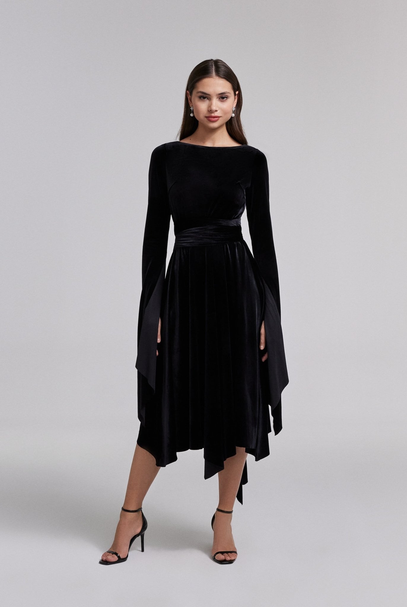 Black Cape Sleeve Twist - Waist Velvet Dress - shopaleena