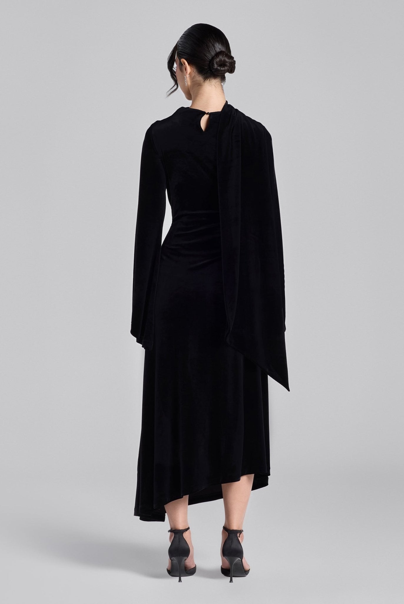 Black Cowl Neck Draped Velvet Midi Dress - shopaleena