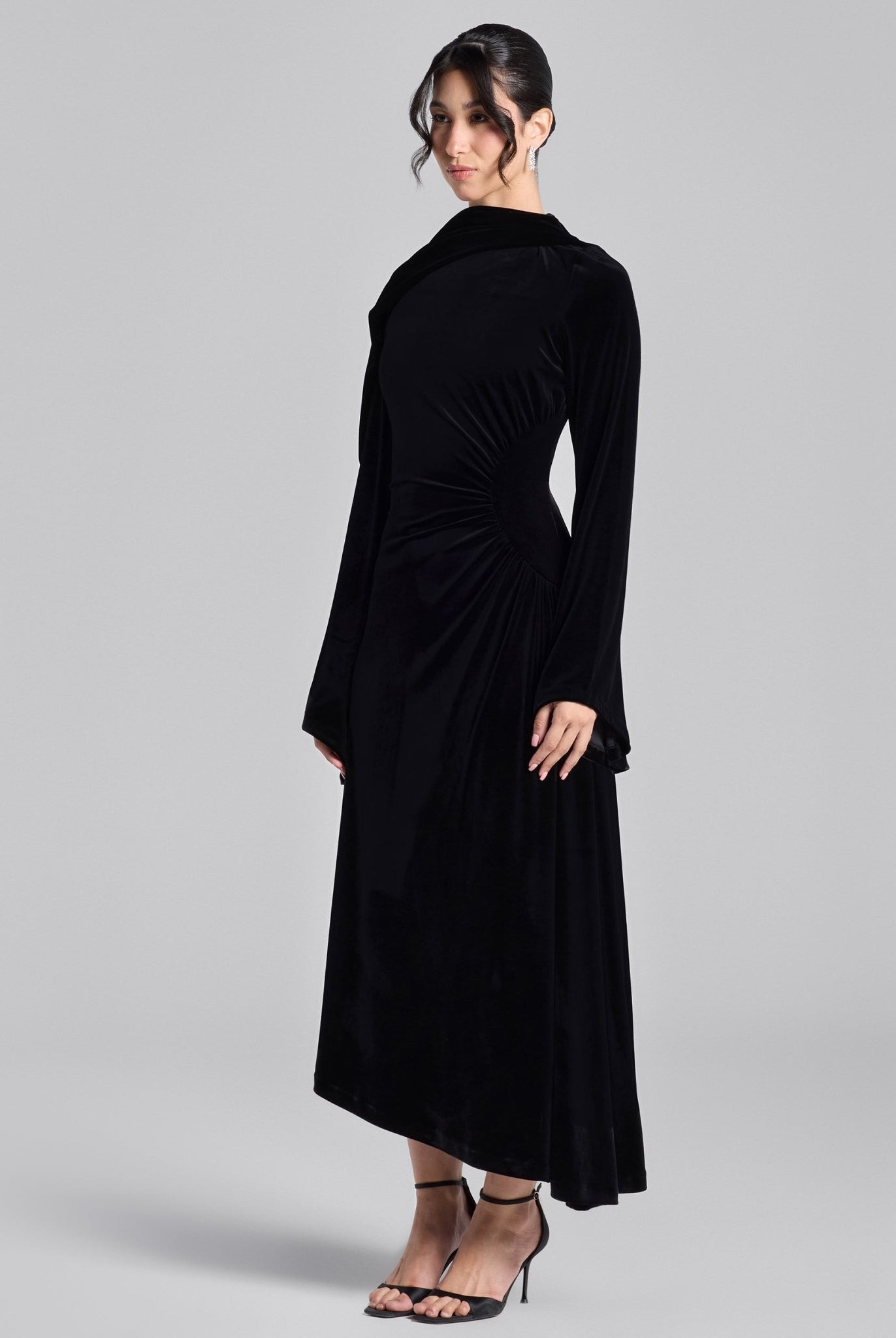 Black Cowl Neck Draped Velvet Midi Dress - shopaleena
