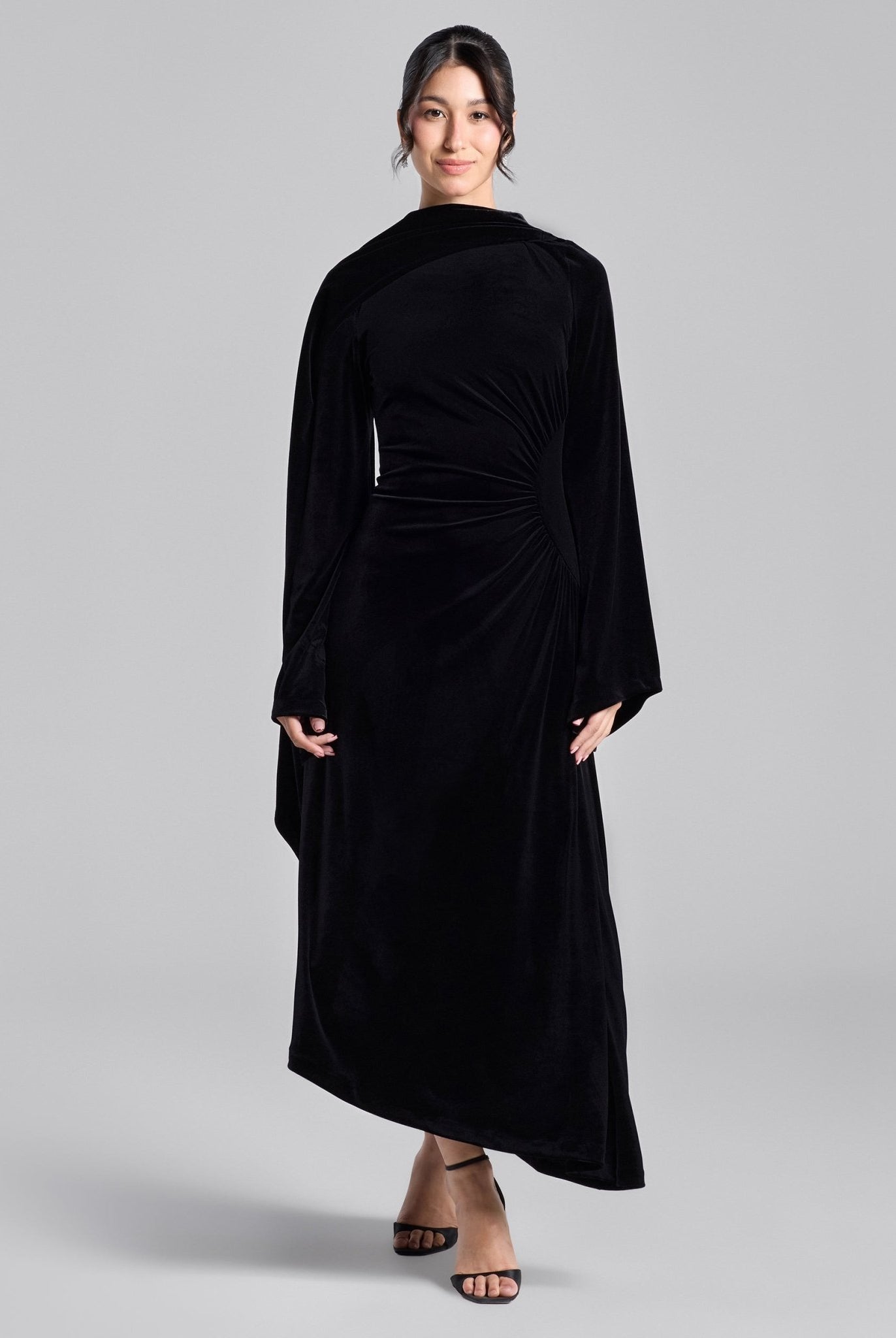 Black Cowl Neck Draped Velvet Midi Dress - shopaleena