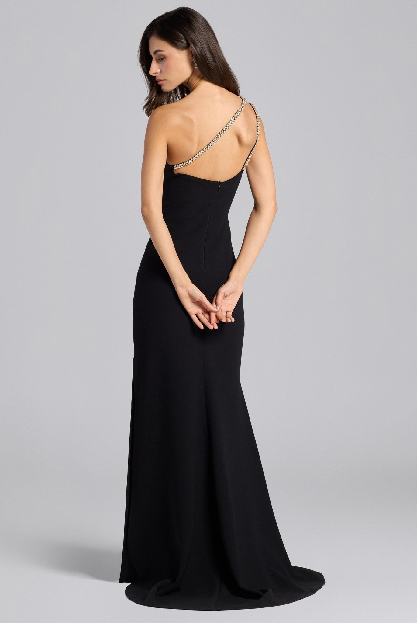 Black Crepe Crystal Trim Maxi Dress - shopaleena