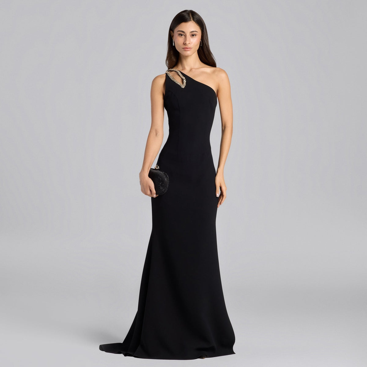 black crepe dresses High Neck Keyhole Halter Stretch Sequin Top/ Black Crepe Knit Gown 4XL- / Dark Grey main image 1