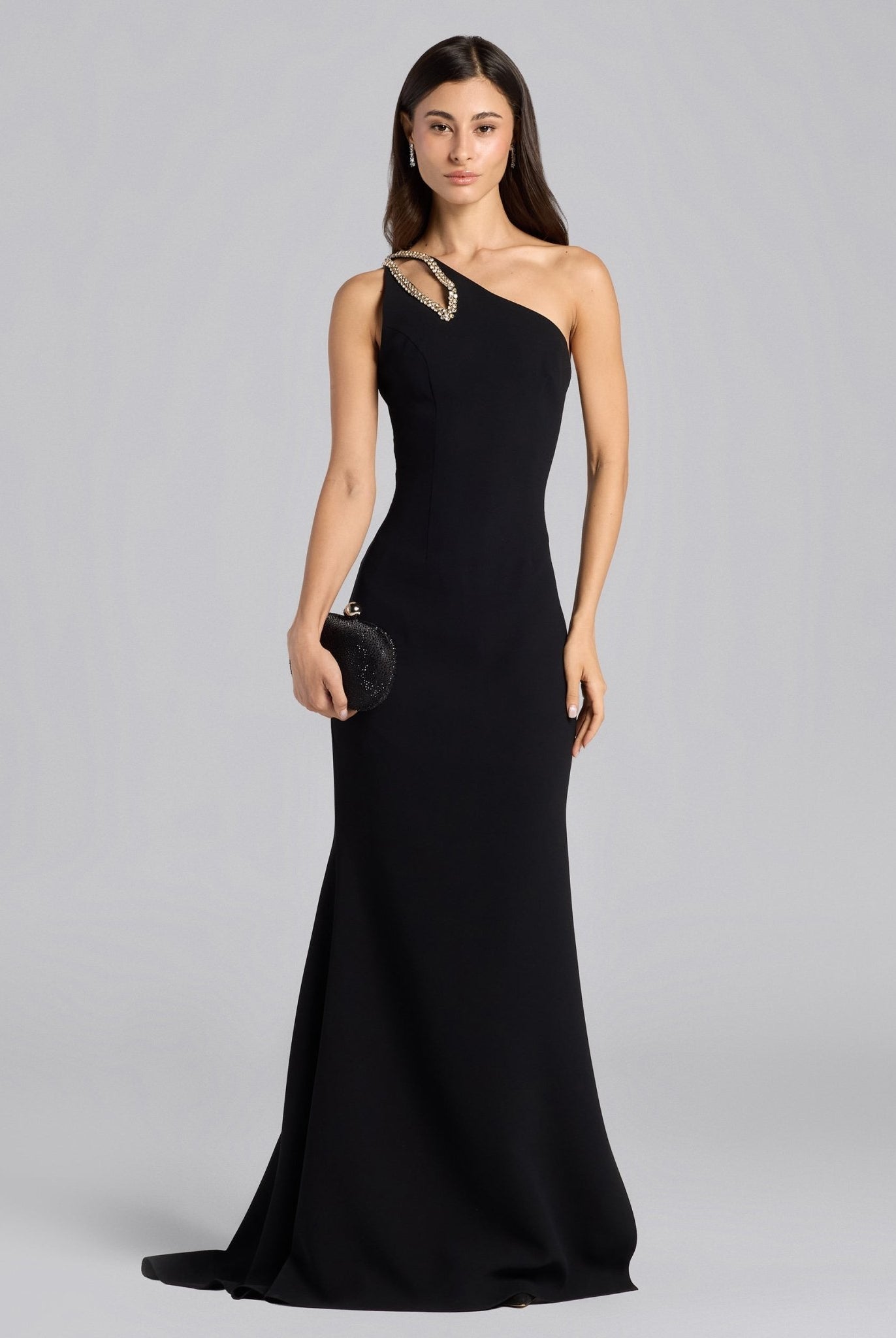 Black Crepe Crystal Trim Maxi Dress - shopaleena