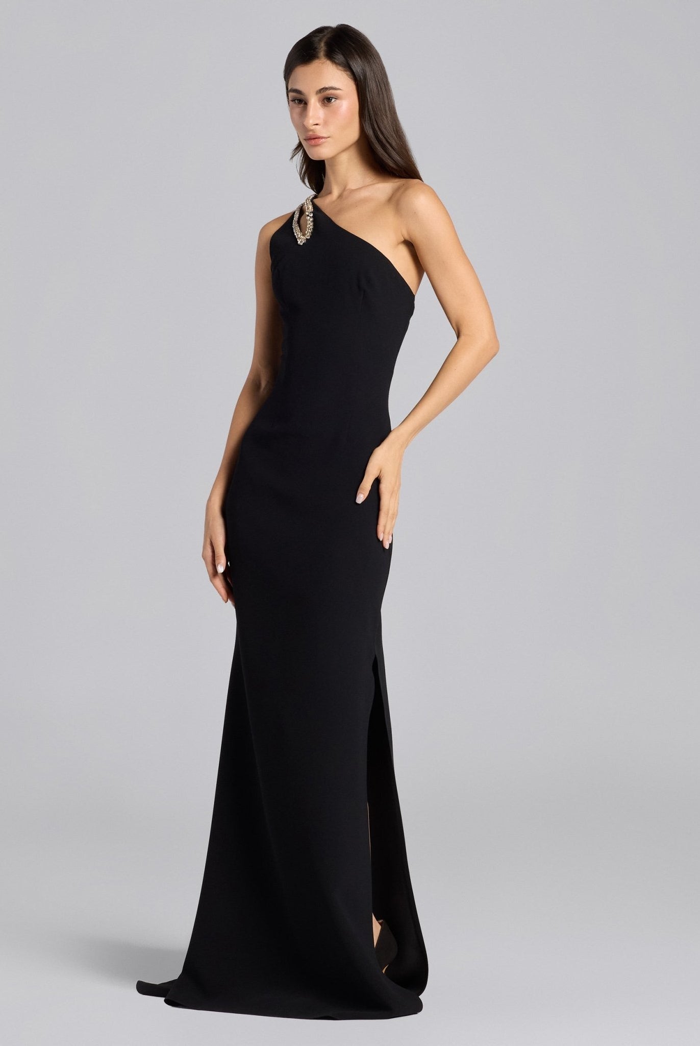 Black Crepe Crystal Trim Maxi Dress - shopaleena
