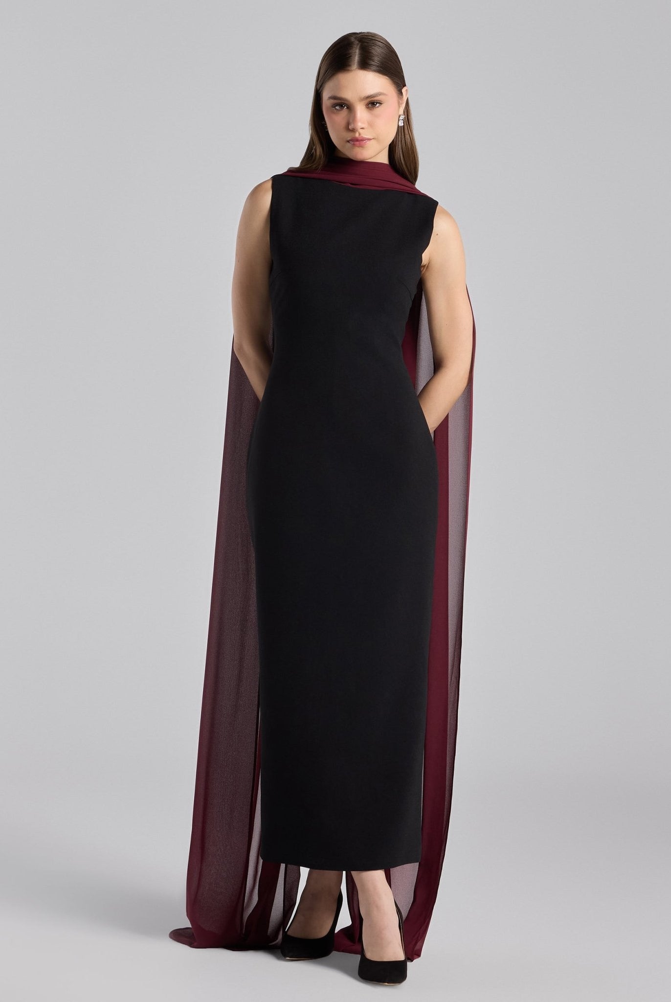 Black Crepe Dress with Draped Chiffon Scarf - shopaleena