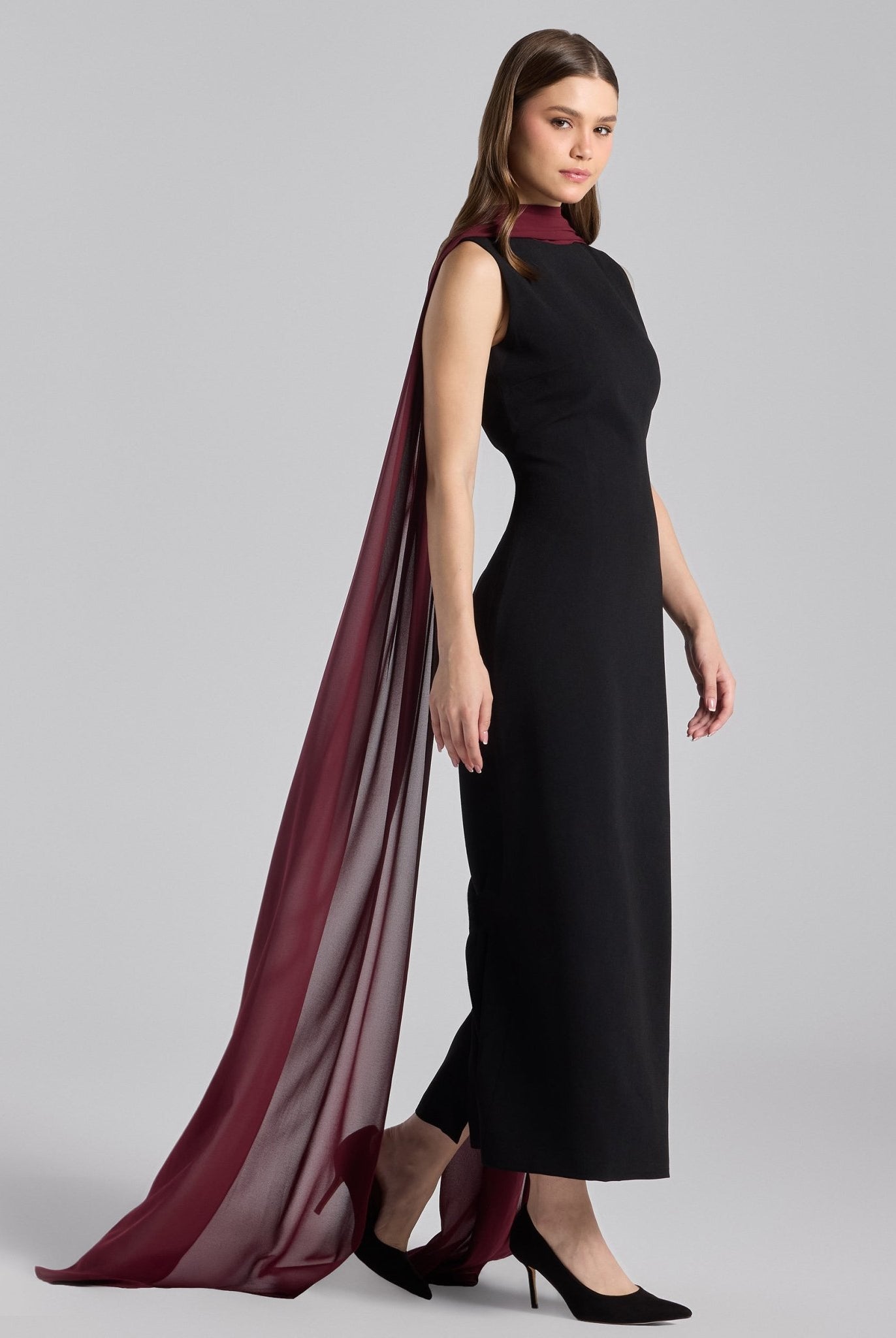 Black Crepe Dress with Draped Chiffon Scarf - shopaleena