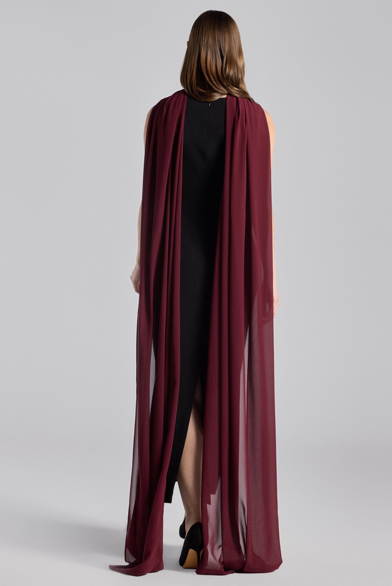 Black Crepe Dress with Draped Chiffon Scarf - shopaleena