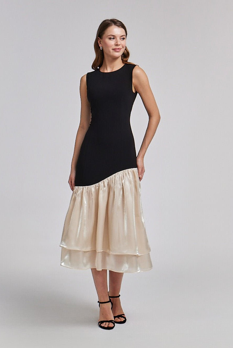 Black Crepe Dress with Organza Ruffles - shopaleena