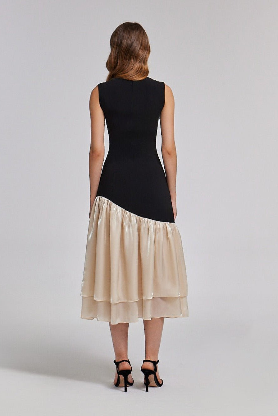 Black Crepe Dress with Organza Ruffles - shopaleena