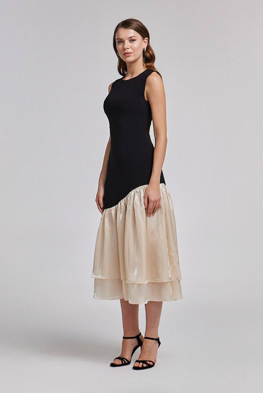 Black Crepe Dress with Organza Ruffles - shopaleena