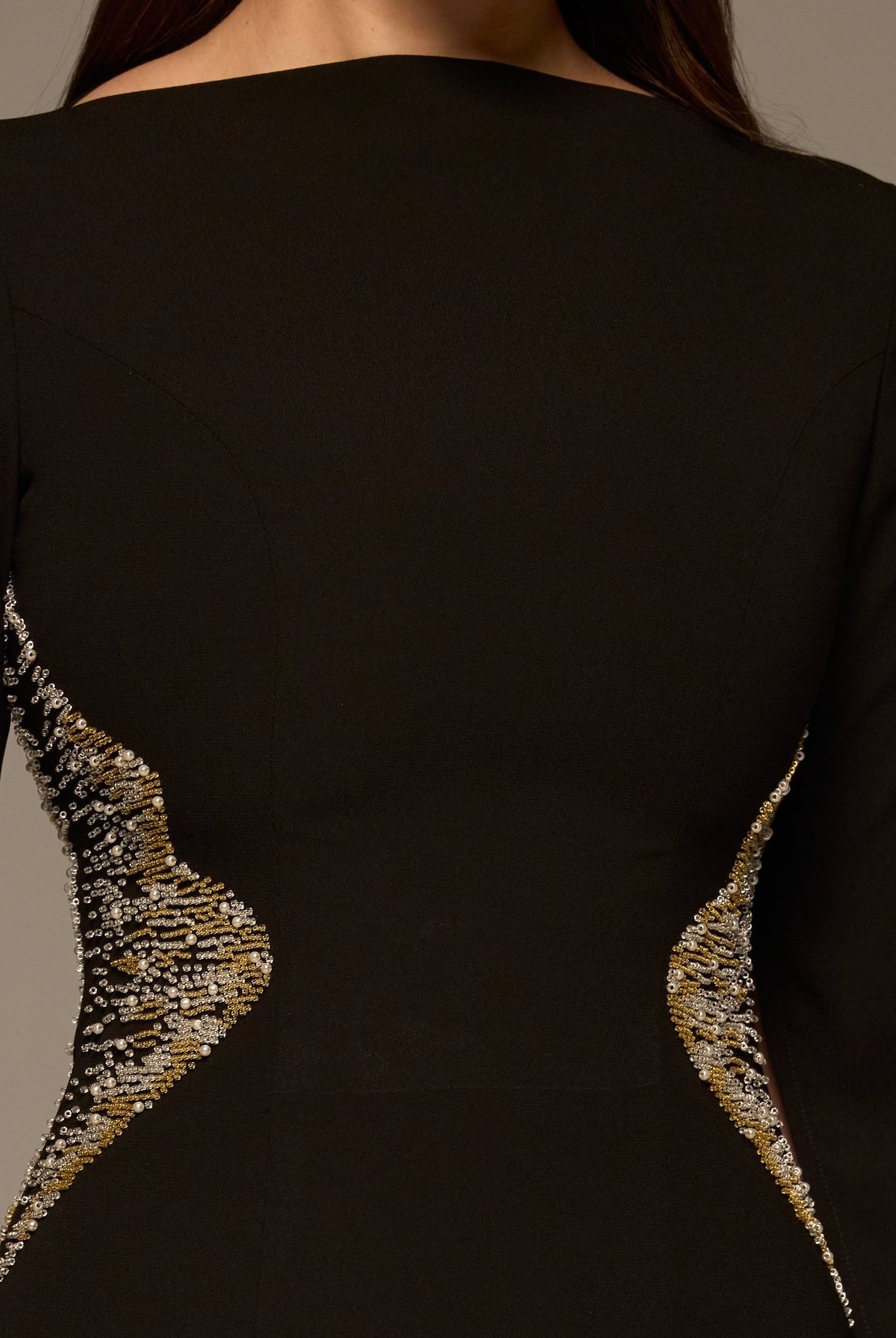 Black Crepe Maxi Dress with Gold embroidery - shopaleena