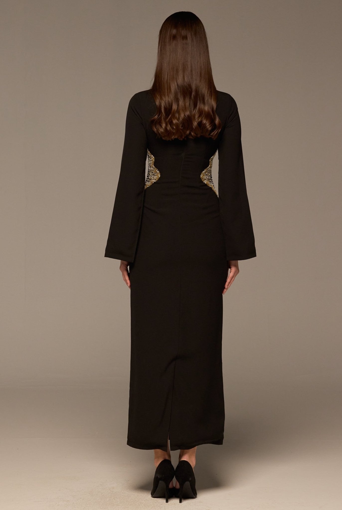 Black Crepe Maxi Dress with Gold embroidery - shopaleena