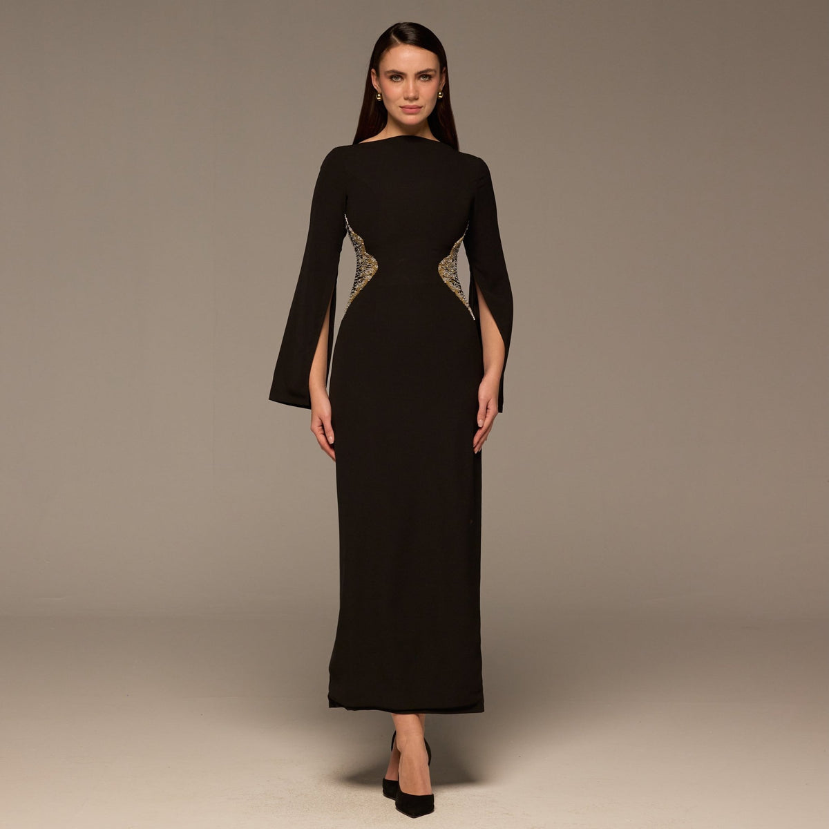 Black Crepe Maxi Dress with Gold embroidery – shopaleena