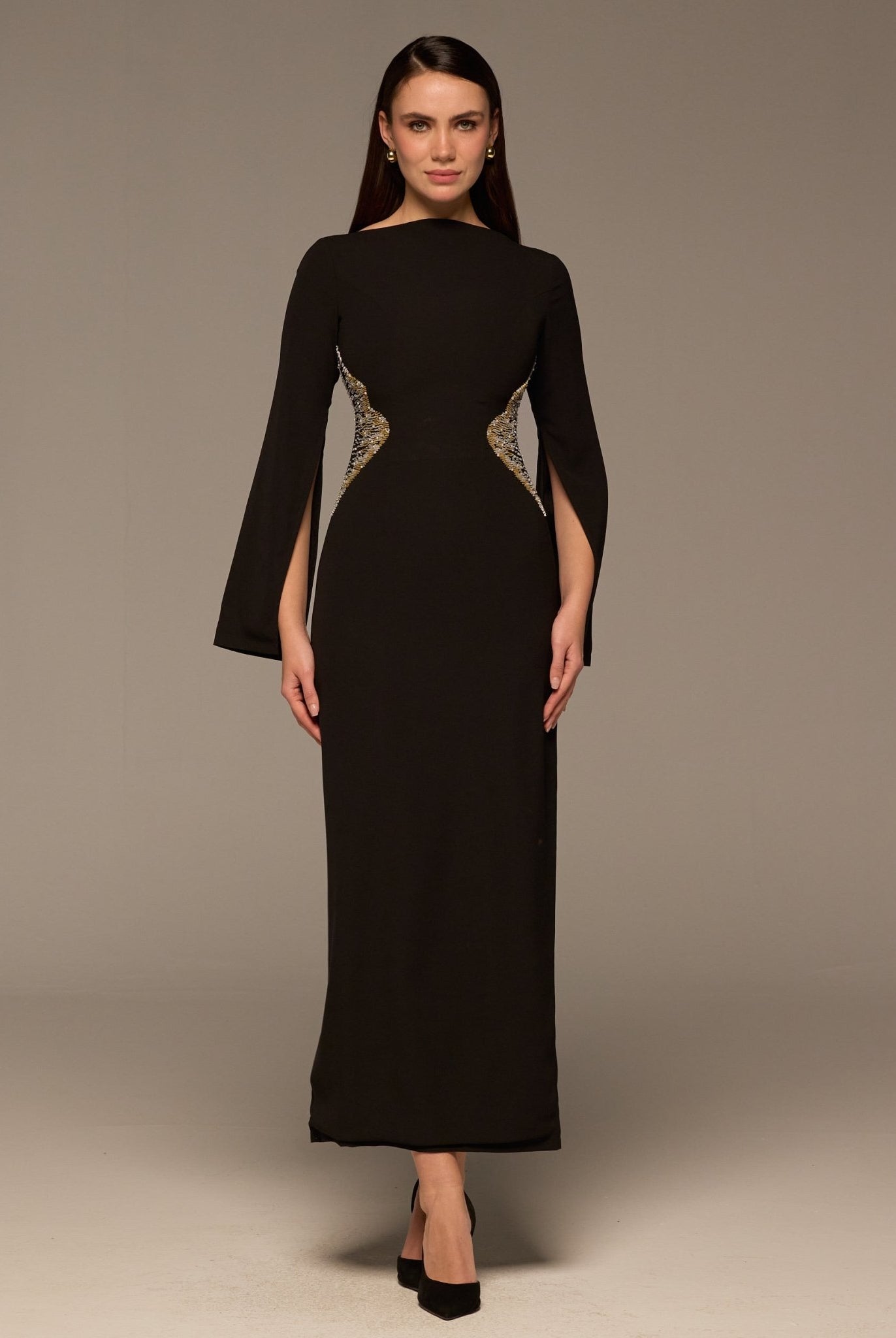 Black Crepe Maxi Dress with Gold embroidery - shopaleena