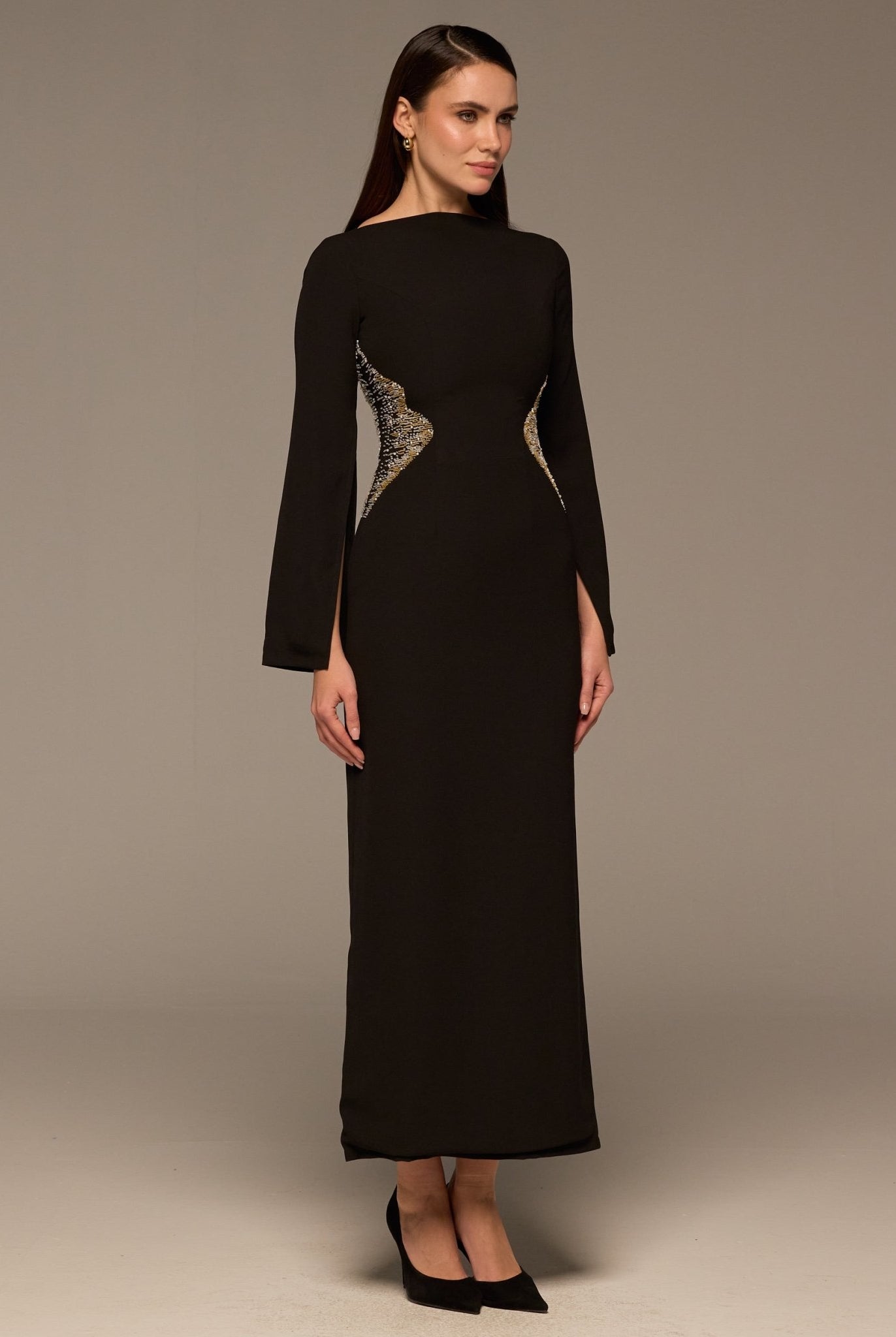 Black Crepe Maxi Dress with Gold embroidery - shopaleena